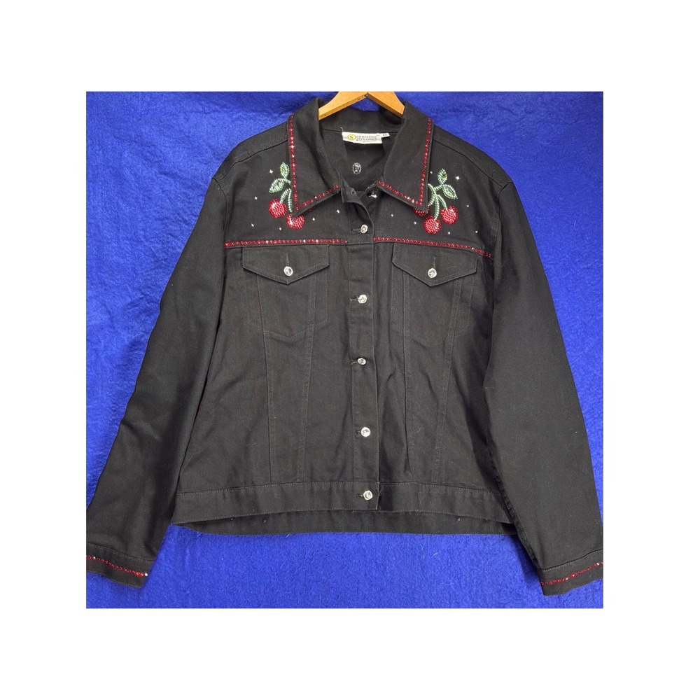 Vtg Womens Christine Alexander Cherry Rhinestone Denim Jacket XL Black MJ-25-183